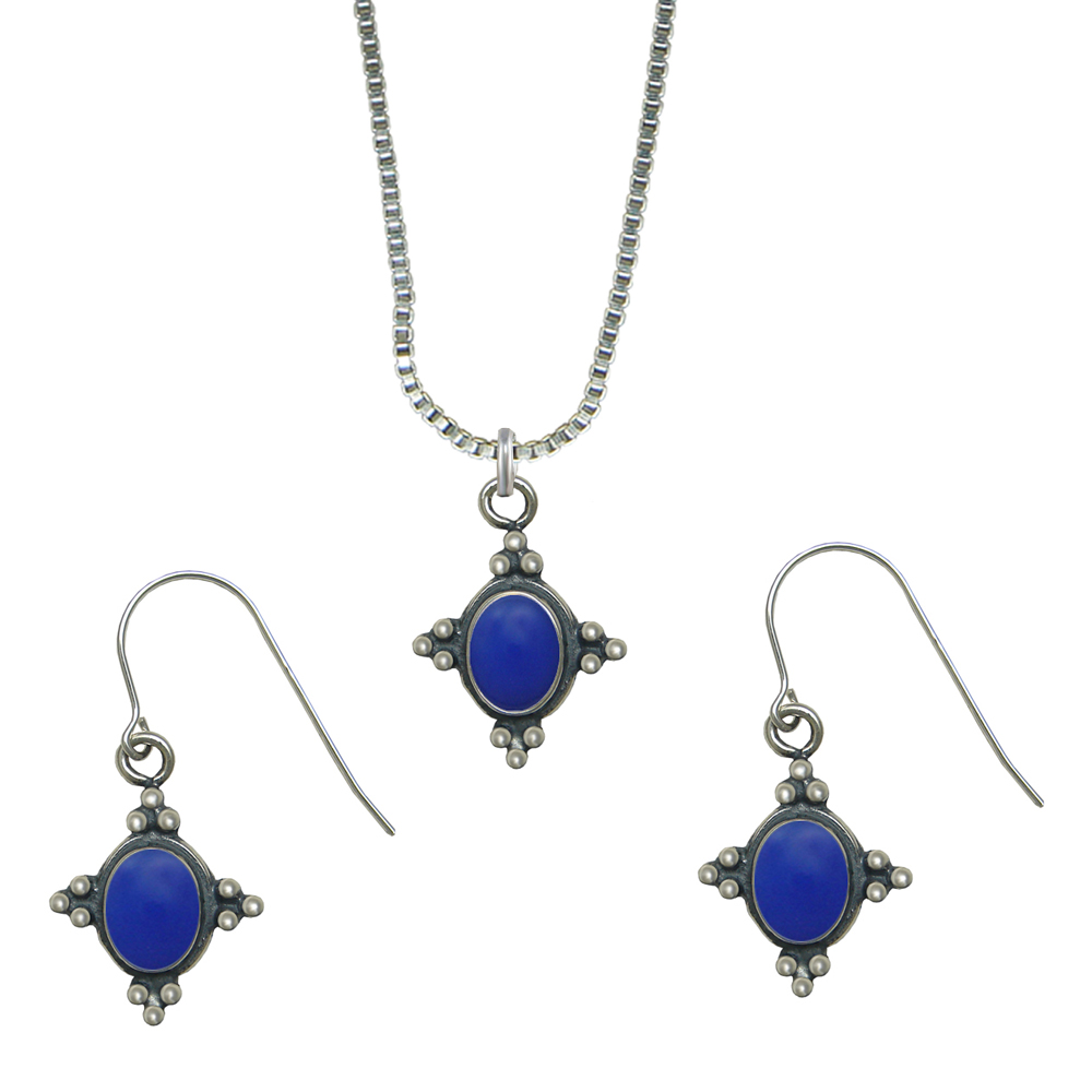 Sterling Silver Petite Necklace Earrings Set Blue Onyx